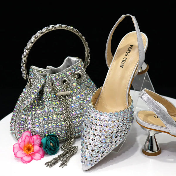 Diamond Pointed Toe Wedding Shoe and Bag Set for Party