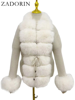 Buy beige-and-khaki Knitted Sweater Fur Cardigan