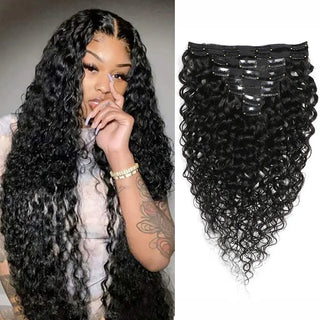 Clip in Hair Extensions Human Hair Water Wave Clip in 8 Pcs/Set Natural Black Color Clip Ins Brazilian Remy Hair 10-24 Inch