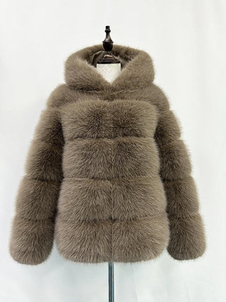 Buy dark-camel Furry Hooded Long Sleeve Faux Fur Jacket