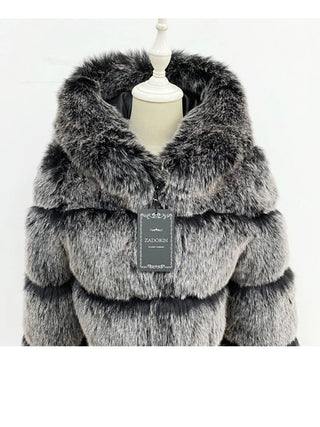 Buy black-white-tip Furry Hooded Long Sleeve Faux Fur Jacket