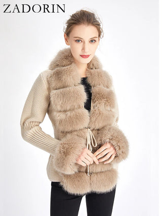 Buy deep-khaki Knitted Sweater Fur Cardigan