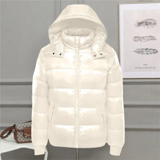Buy no-fur-off-white Glossy Black Jackets Solid Color Parka Coat