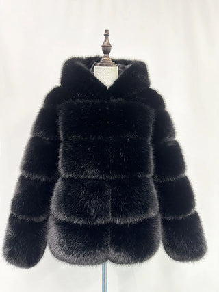 Buy black Furry Hooded Long Sleeve Faux Fur Jacket