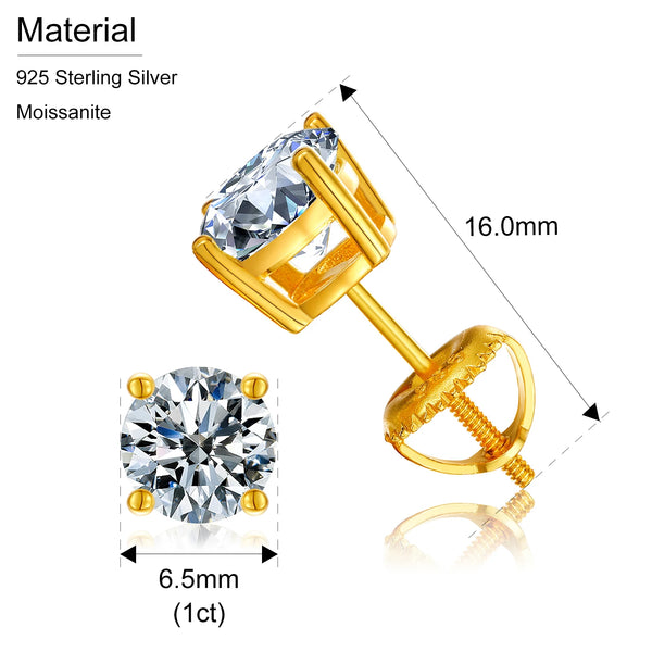 Classic Screw Back 925 Sterling Silver 6.5mm 1ct VVS Moissanite Diamond Stud Earrings