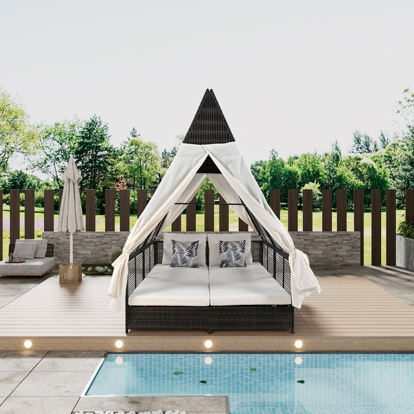 Outdoor Daybed Patio Lounge Bed With Adjustable Backrest Outdoor Double Sun Lounger With Curtains, 4 Pillows for Garden