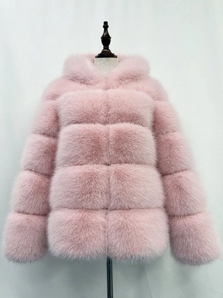 Buy pink Furry Hooded Long Sleeve Faux Fur Jacket