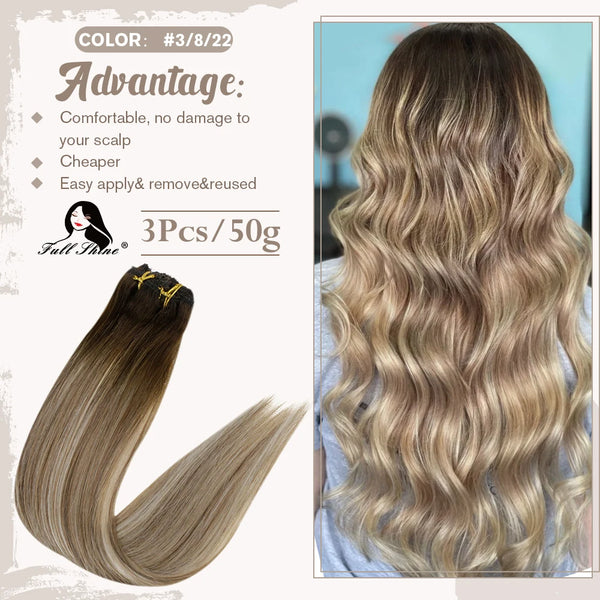 Clip in Hair Extensions Human Hair 3Pcs Remy Hair 50g