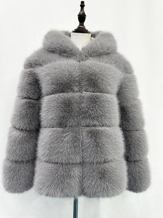 Buy grey Furry Hooded Long Sleeve Faux Fur Jacket