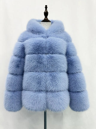Buy light-blue Furry Hooded Long Sleeve Faux Fur Jacket