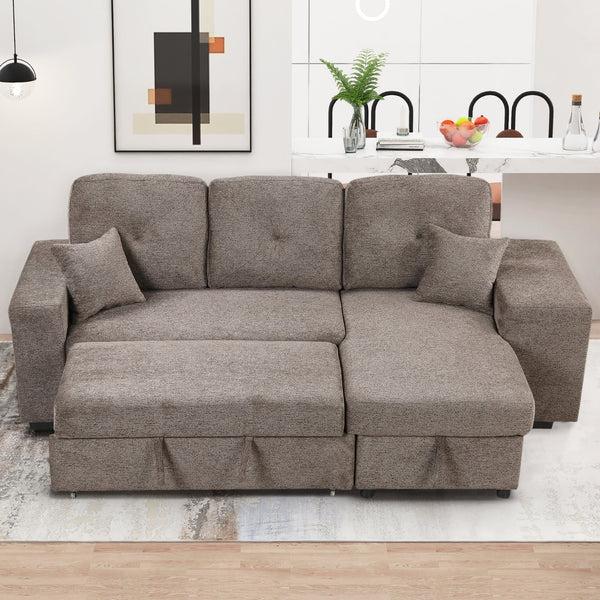 Reversible Sleeper Sectional Sofa Bed With Side Shelf and 2 Stools,Pull-Out L-Shaped Sofa Bed,Corner Sofa-Bed With Stora