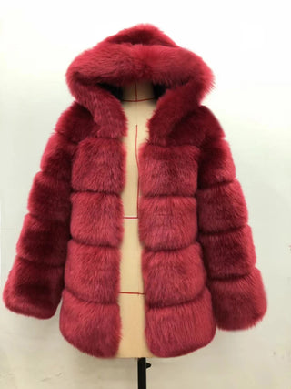 Buy wine-red Furry Hooded Long Sleeve Faux Fur Jacket