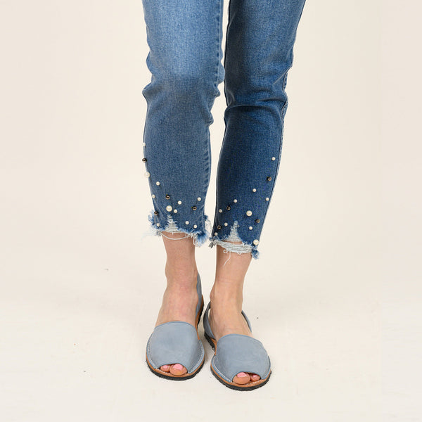Pearl Beaded Distressed Hem Capris
