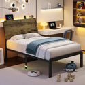 Metal Twin Bed With Headboard, LED Lights and Charging Station
