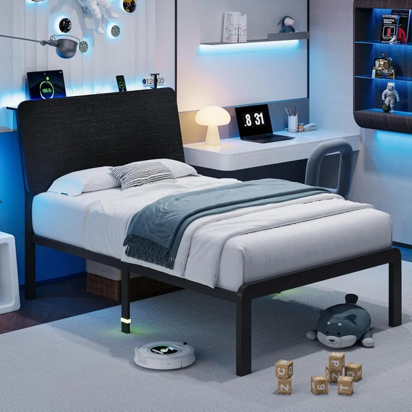 Metal Twin Bed With Headboard, LED Lights and Charging Station