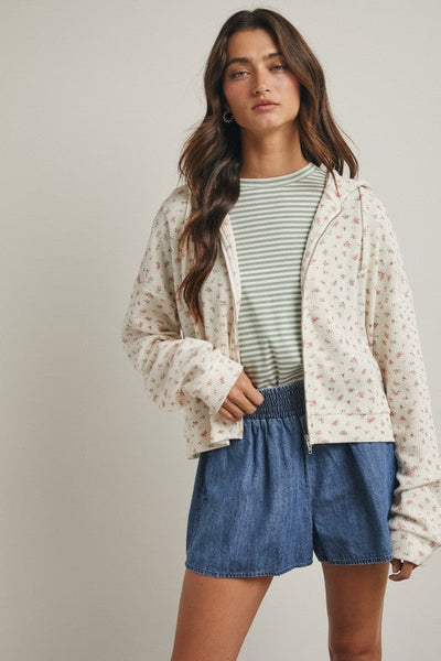 Floral Waffle Knit Hooded Jacket: Cream/Rose