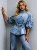Women's Retro Washed Denim Top | Lantern Sleeve Stand Collar Belted Shirt in Blue | S–XXL