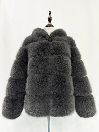 Buy dark-grey Furry Hooded Long Sleeve Faux Fur Jacket