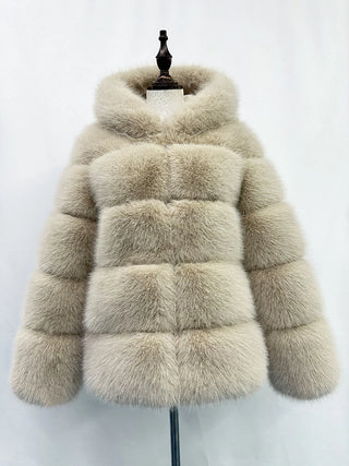 Buy khaki Furry Hooded Long Sleeve Faux Fur Jacket