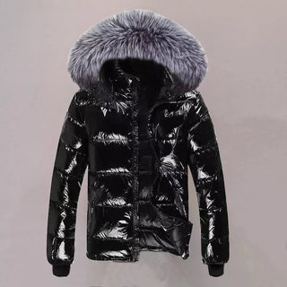 Buy black2 Glossy Black Jackets Solid Color Parka Coat