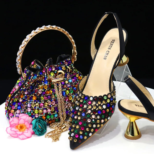 Diamond Pointed Toe Wedding Shoe and Bag Set for Party