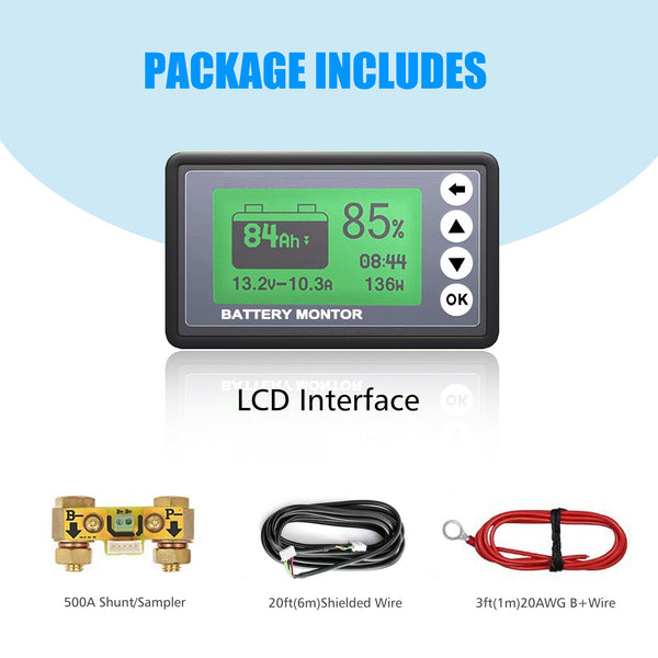 ACOPOWER 500A Battery Monitor, High and Low Voltage Programmable Alarm, Voltage Range 10v-120v