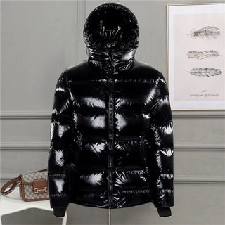 Buy no-fur-black Glossy Black Jackets Solid Color Parka Coat