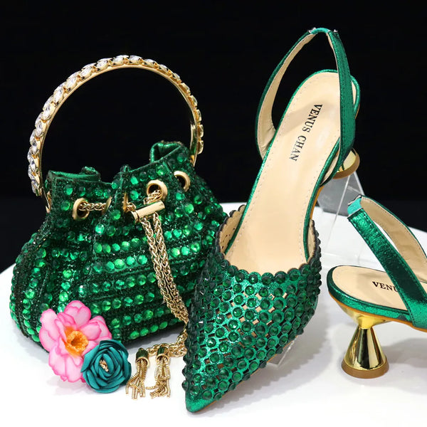 Diamond Pointed Toe Wedding Shoe and Bag Set for Party