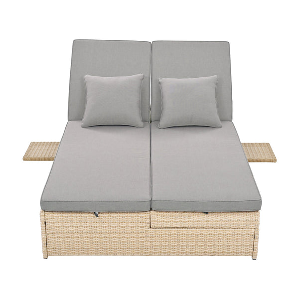 Outdoor Double Sunbed, Wicker Rattan Patio Reclining Chairs With Adjustable Backrest and Seat, Conversational Set for 2