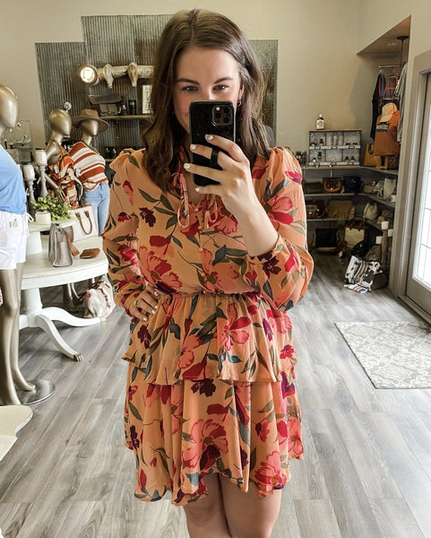 Frilled Collar Long Sleeve Floral Dress