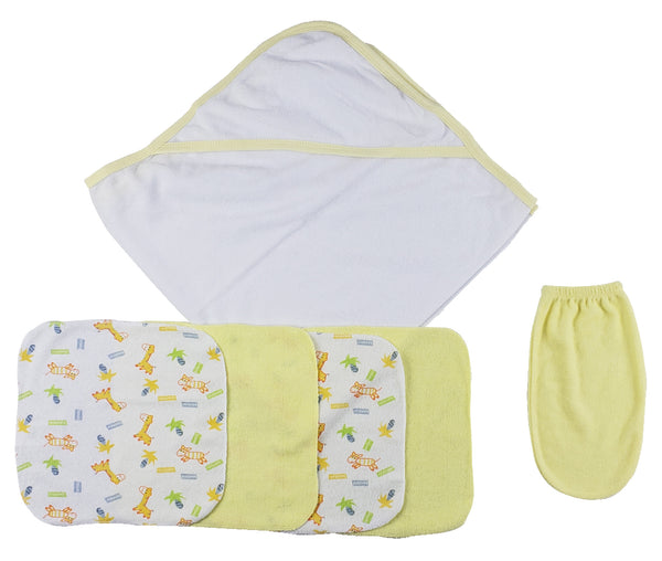 Yellow Hooded Towel, Washcloths and Hand Washcloth Mitt - 6 Pc Set