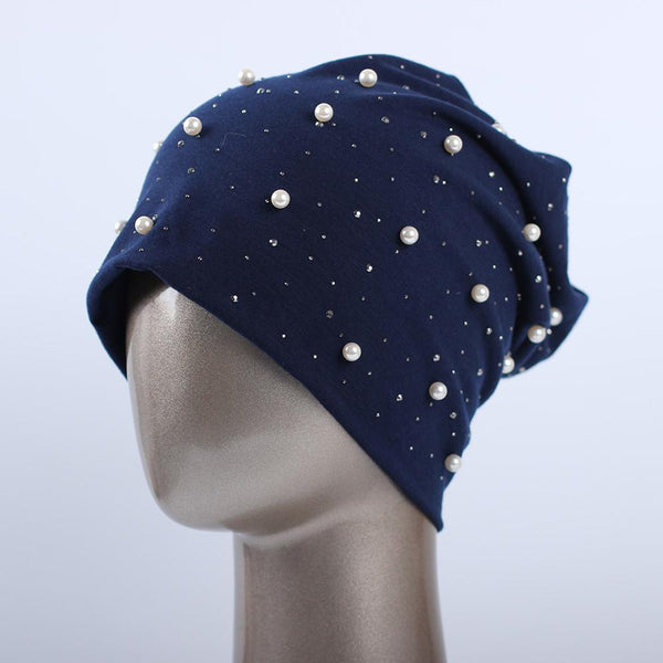 Geebro Brand Women's Beanie Hat Casual Polyester Shine Pearls&Rhinestones Beanies for Women Skull Beanie Hats Bonnet for Female