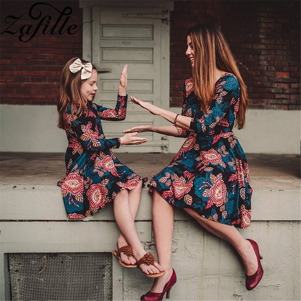 ZAFILLE Family Matching Clothes Three Quarter Autumn Winter Floral Mini Dress Mother Daughter Dresses Mommy and Me Clothes