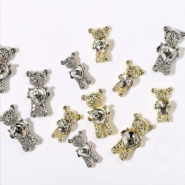 10pcs Shiny Zircon Alloy Cute Bear With Crystal Heart Nail Charm