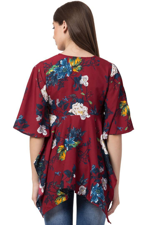 Casual Flared Sleeve Floral Print Women Maroon Top