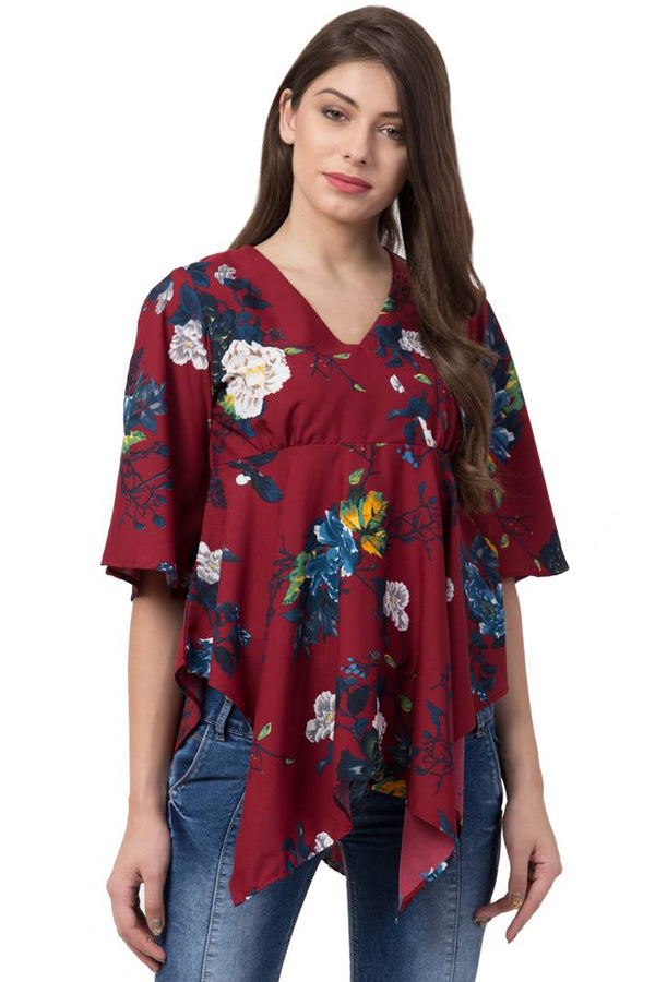 Casual Flared Sleeve Floral Print Women Maroon Top