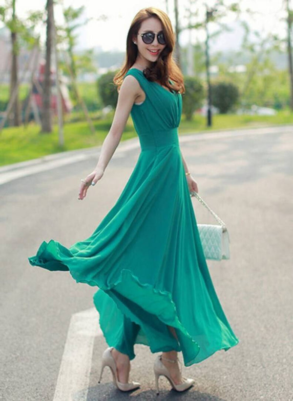 Women's Green V-Neck Long Dress