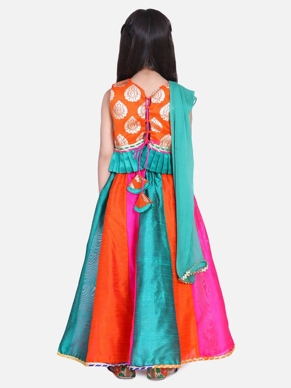 Stylish Silk Blend Orange Kali Lehenga With Sleeveless Choli And Dupatta Set