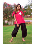 Women's Blood Red Top with Elastic Black Linen Pant