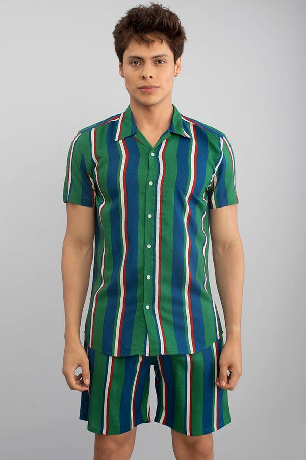 Men's  Multicoloured Viscose Short Sleeves Printed Slim Fit Casual Shirts with Bottoms