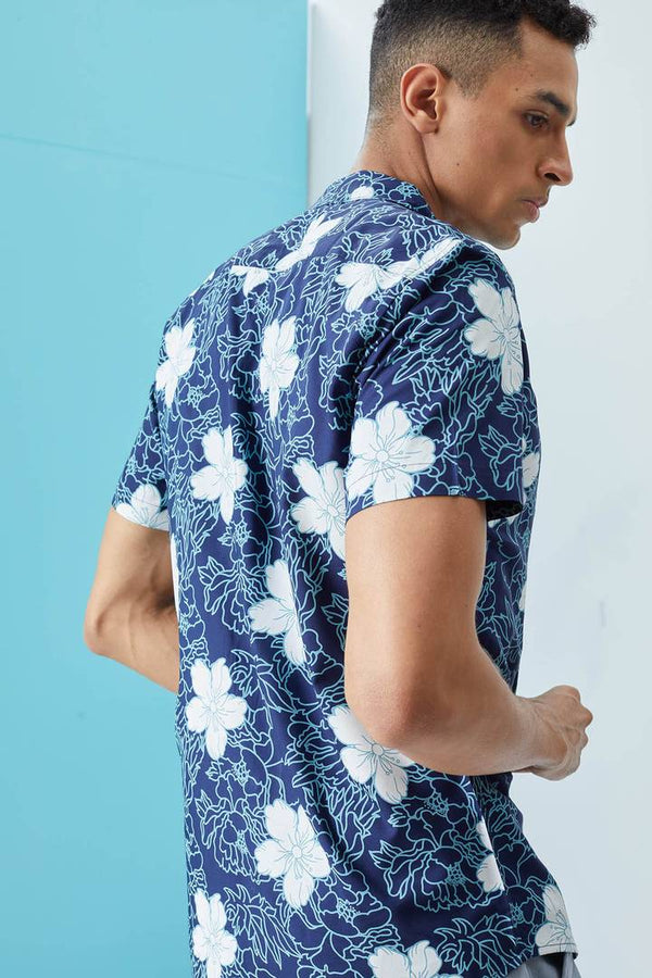 Men's Blue Rayon Short Sleeves Printed Slim Fit Casual Shirts