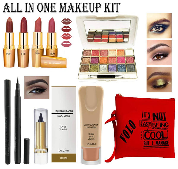 Stylish Beauty combo makeup set 4 Pcs Lipsticks, 1 Eye Shadow,  1 Foundation, 1 Eyeliner,  1 Kajal,  1 Pouch Set of 6 Pcs.