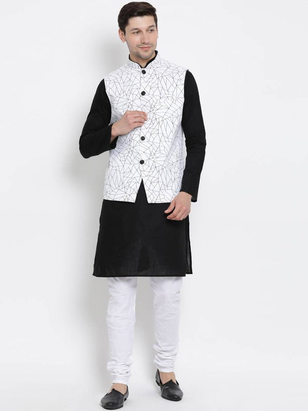 Men's White Cotton
 Printed Nehru Jackets