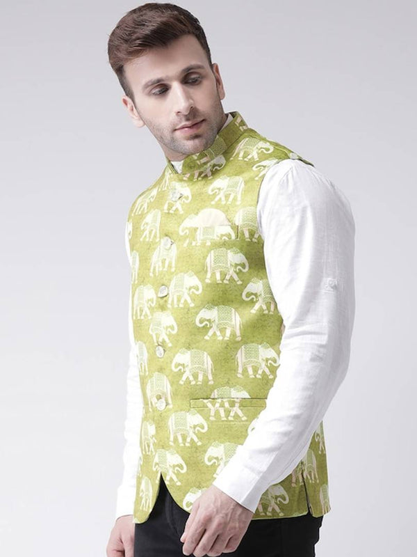 Men's Green 
Linen
 Printed Nehru Jackets