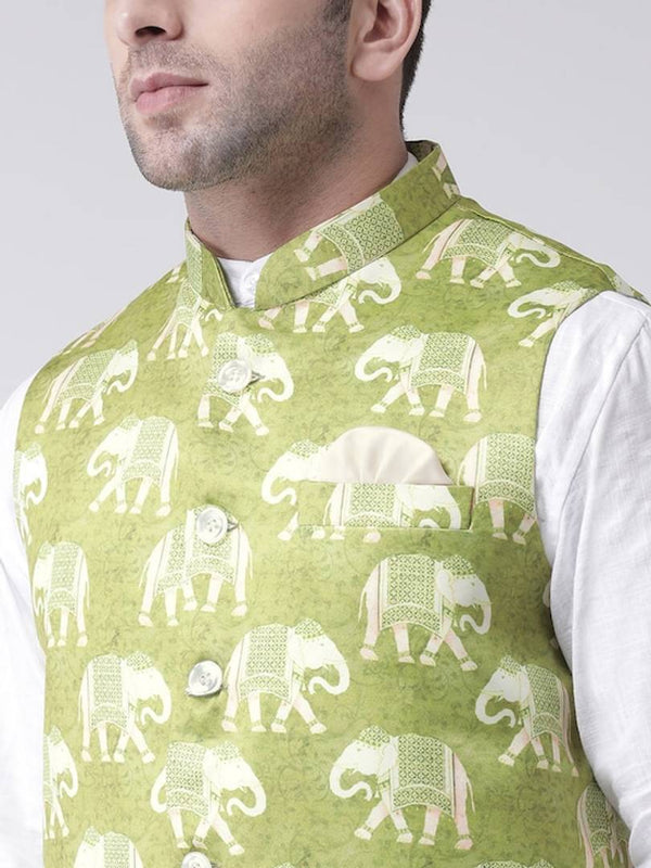 Men's Green 
Linen
 Printed Nehru Jackets