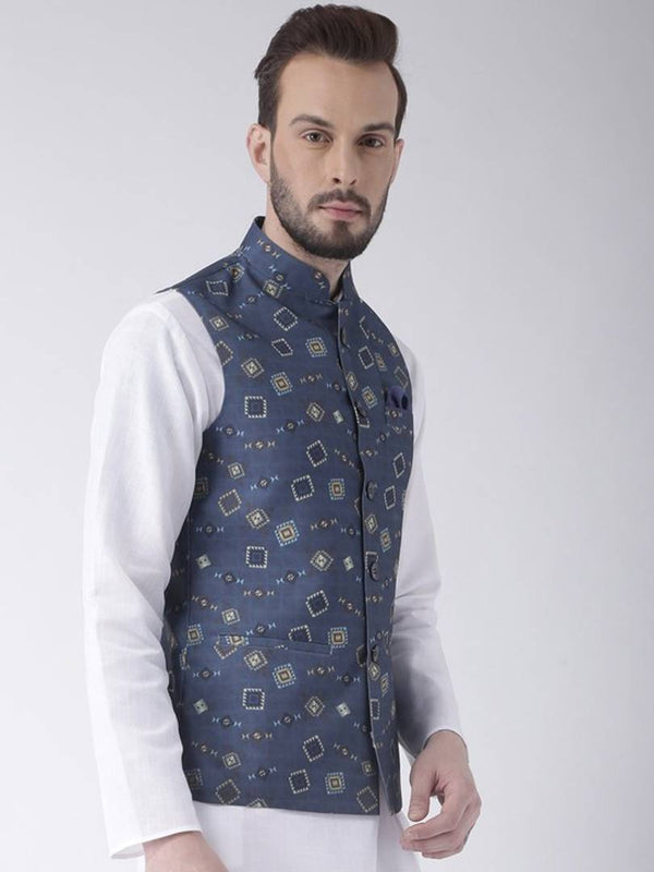 Men's Blue Viscose
 Printed Nehru Jackets