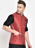 Men's Maroon Viscose
 Woven Design Nehru Jackets