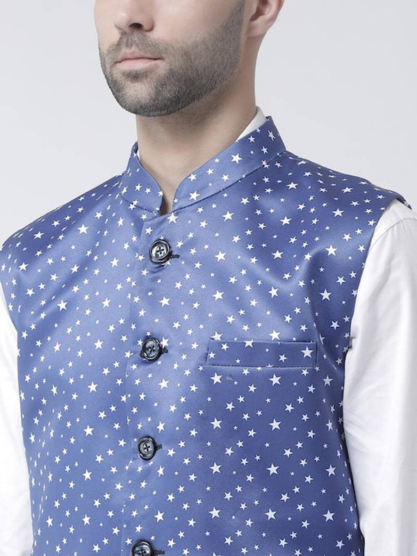 Men's Blue Viscose
 Printed Nehru Jackets