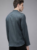 Men Grey Self Design Straight Kurta with Flap Pockets