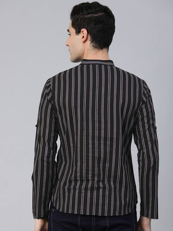 Men Black & Grey Striped Straight Short Kurta